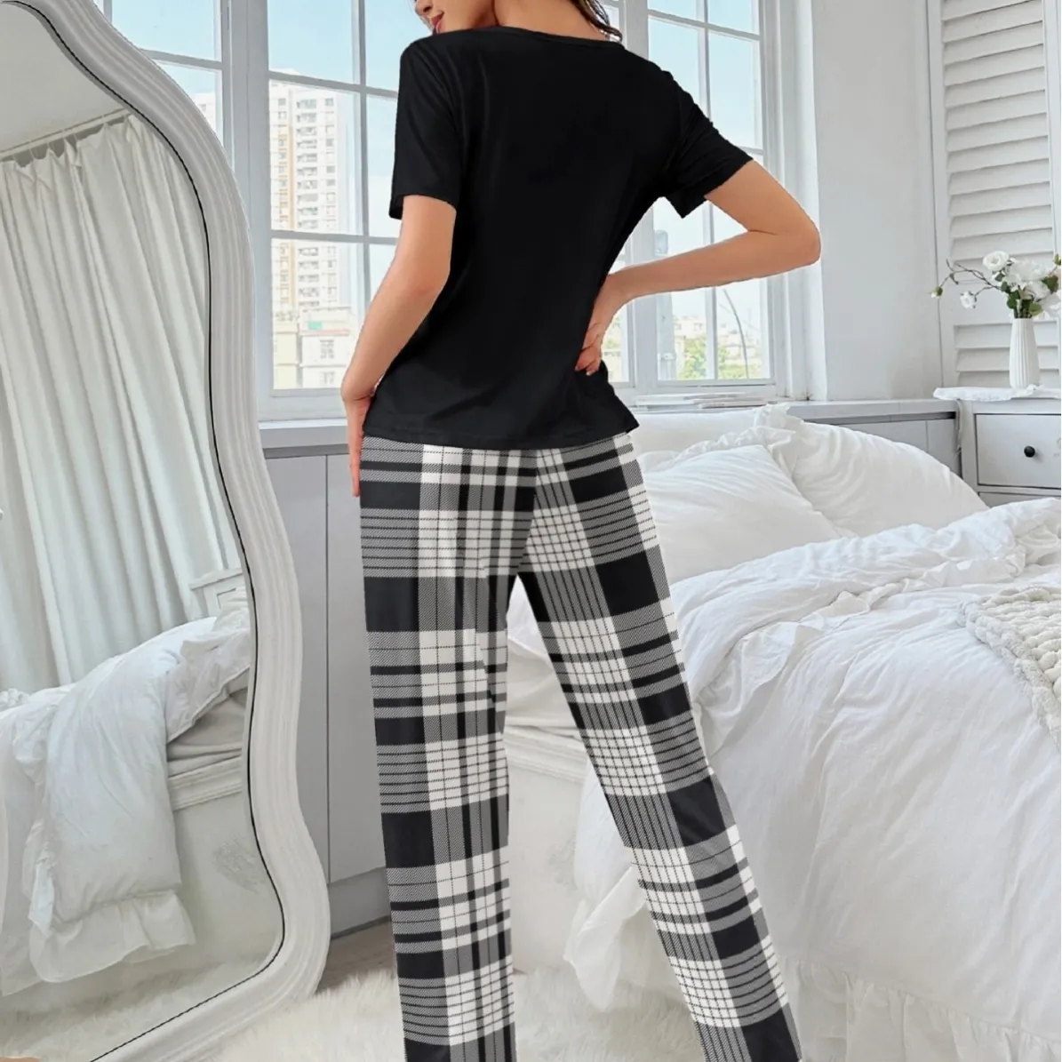 women milk silk plaid pajama set xlk93051 lifestyle view
