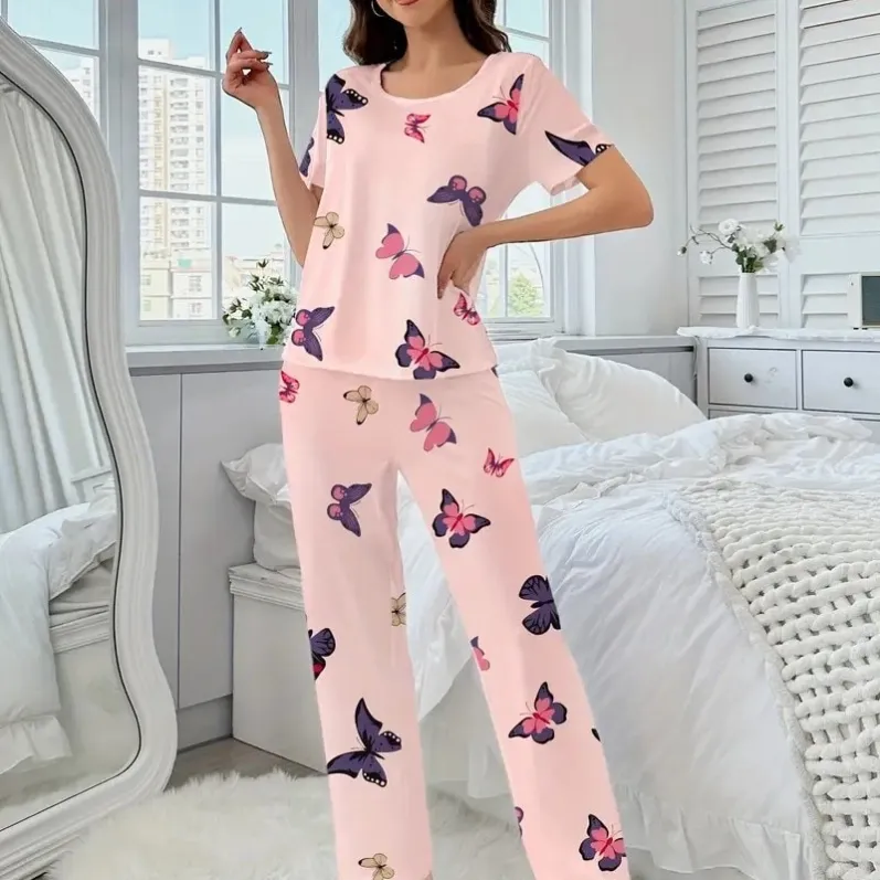 women milk silk printed short sleeve long pants pajama set xlkp93064 front view