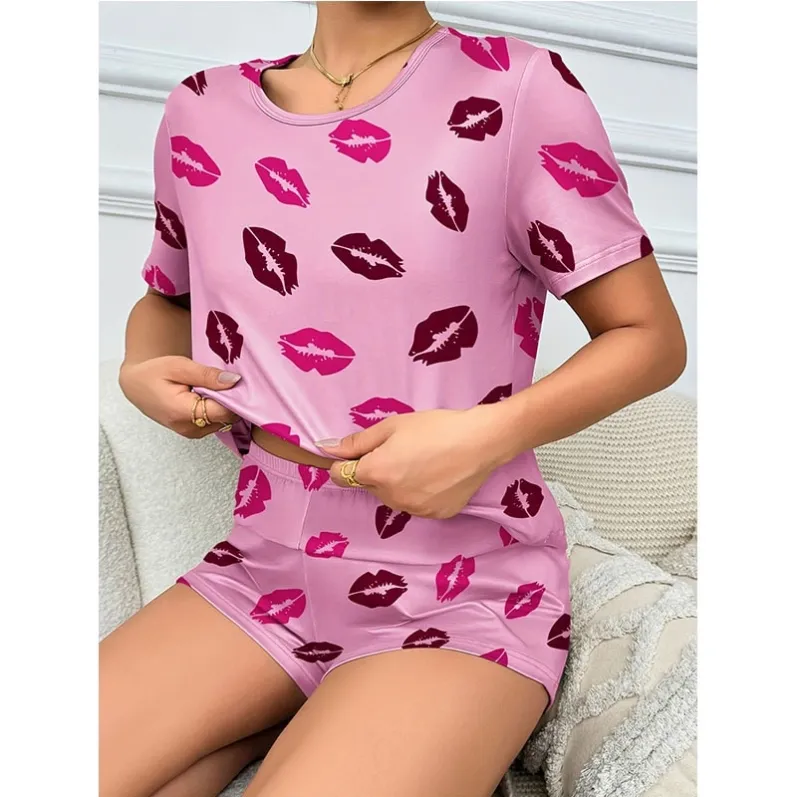 women milk silk lightweight printed short sleeve shorts pajama set xlkp34020 front view