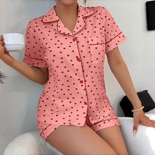 women heart print cotton pajama set pink color option