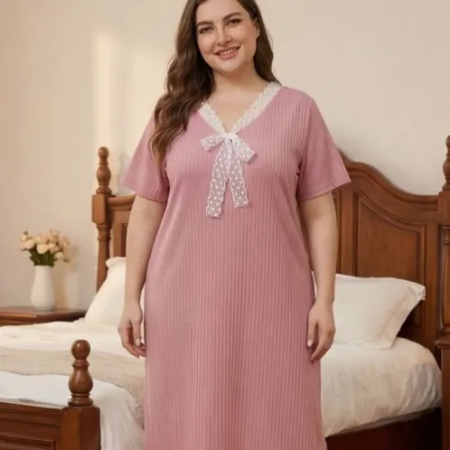 plus size short sleeve lace trim robe xlkl548 front view