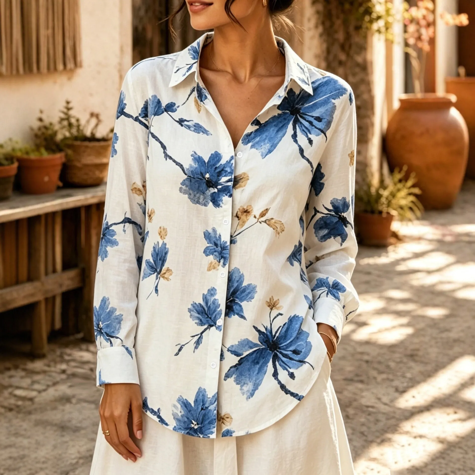printed lapel collar long sleeve loose fit blouse xlk0141 front view