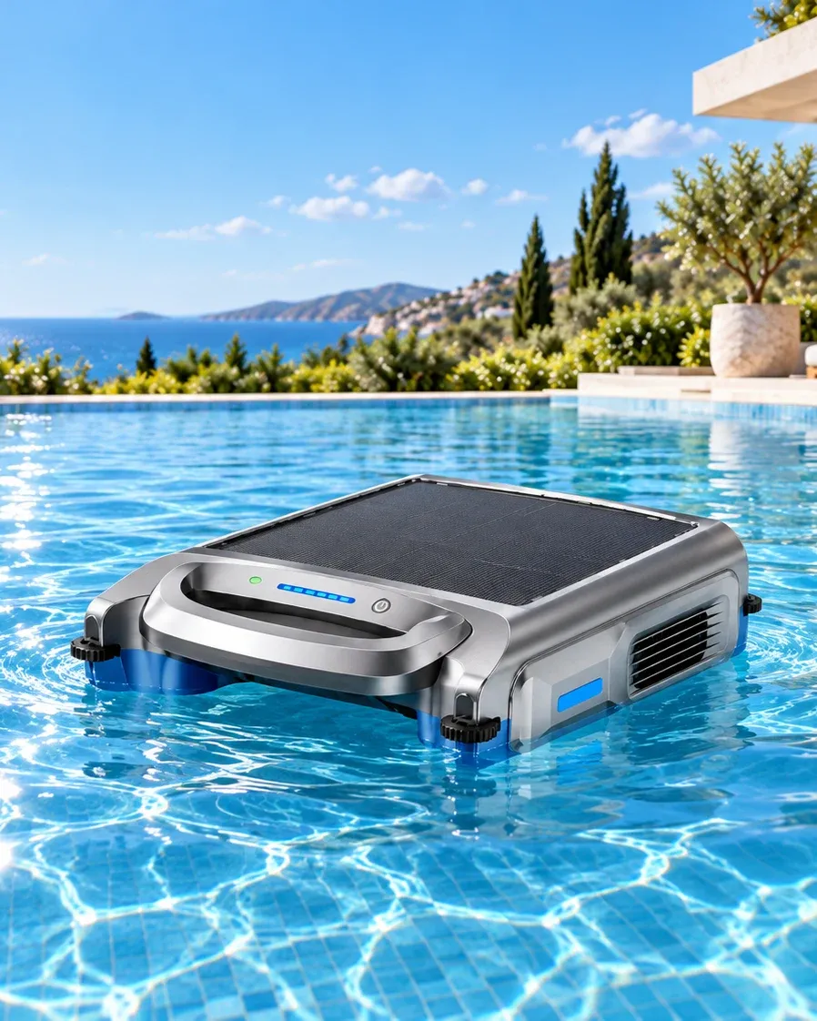 S100 solar pool skimmer on the water