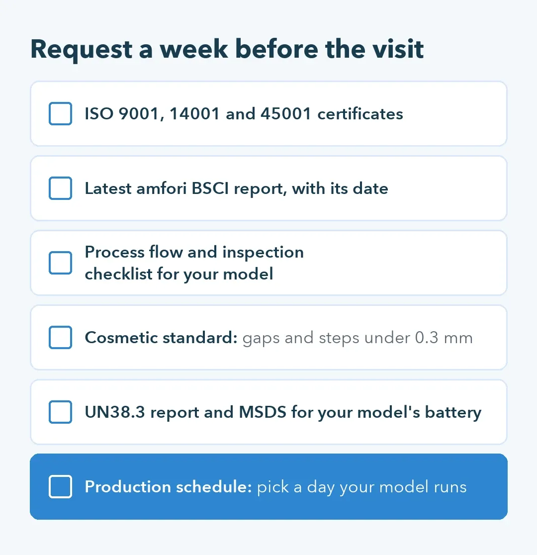 Checklist of documents to request a week before a pool robot factory audit, ending with the production schedule