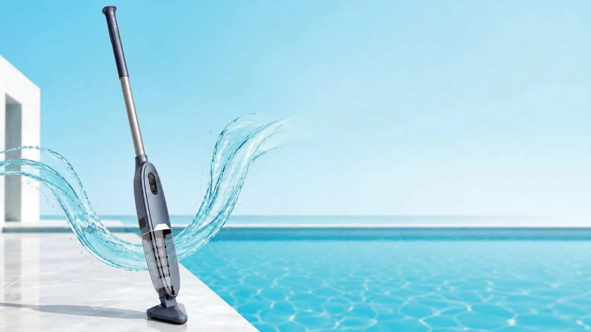 H200 cordless handheld pool vacuum standing at the edge of a pool