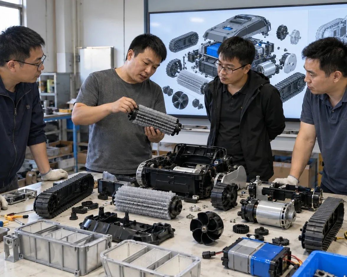 Silver Home engineers reviewing pool robot parts