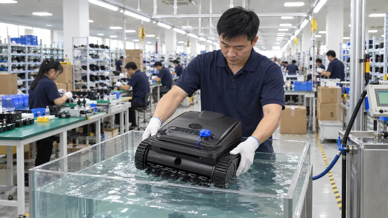Technician placing a Y50S pool robot into a water test tank at the end of the production line