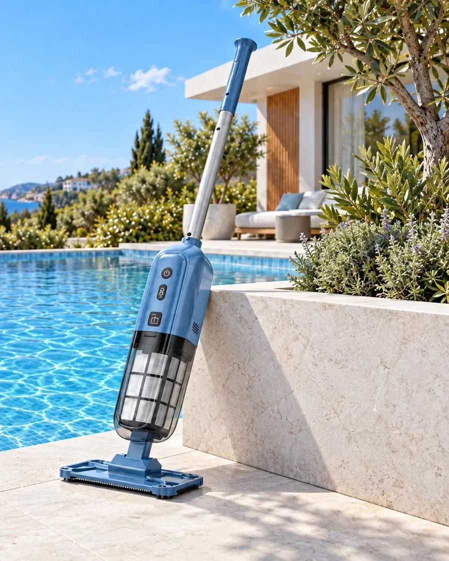 H100 handheld pool vacuum by the pool
