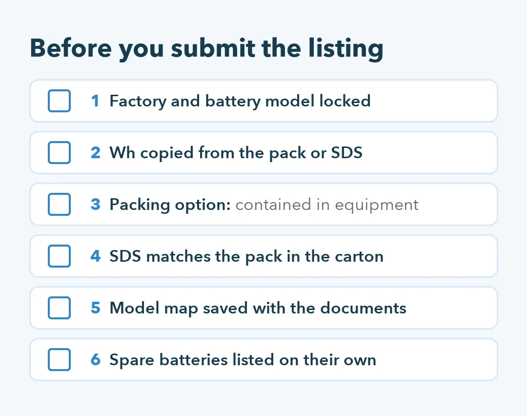 Six-line checklist for pool robot battery fields to complete before submitting a marketplace listing