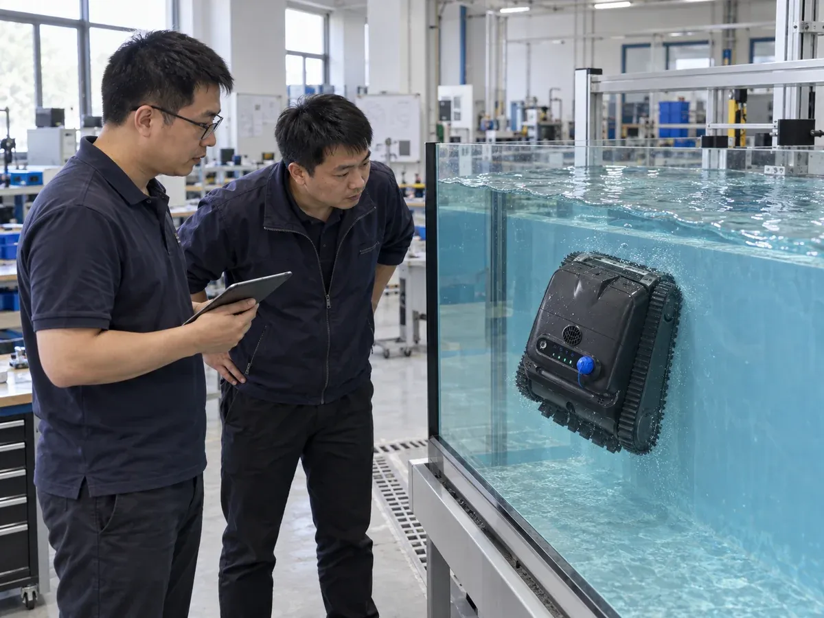 Engineers testing a pool robot climbing the wall of a glass test tank