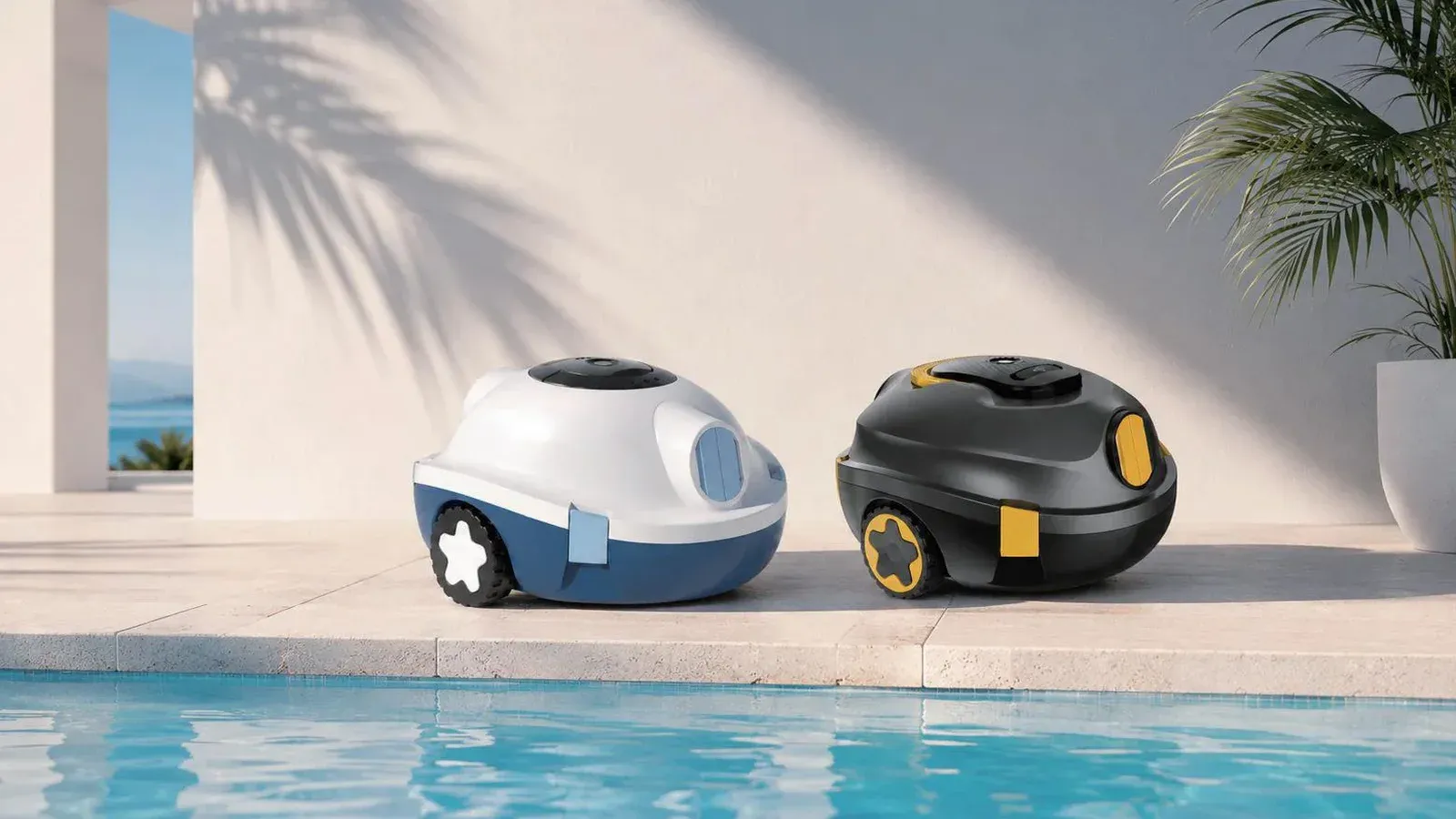 Two floor-only robotic pool cleaners on a pool deck