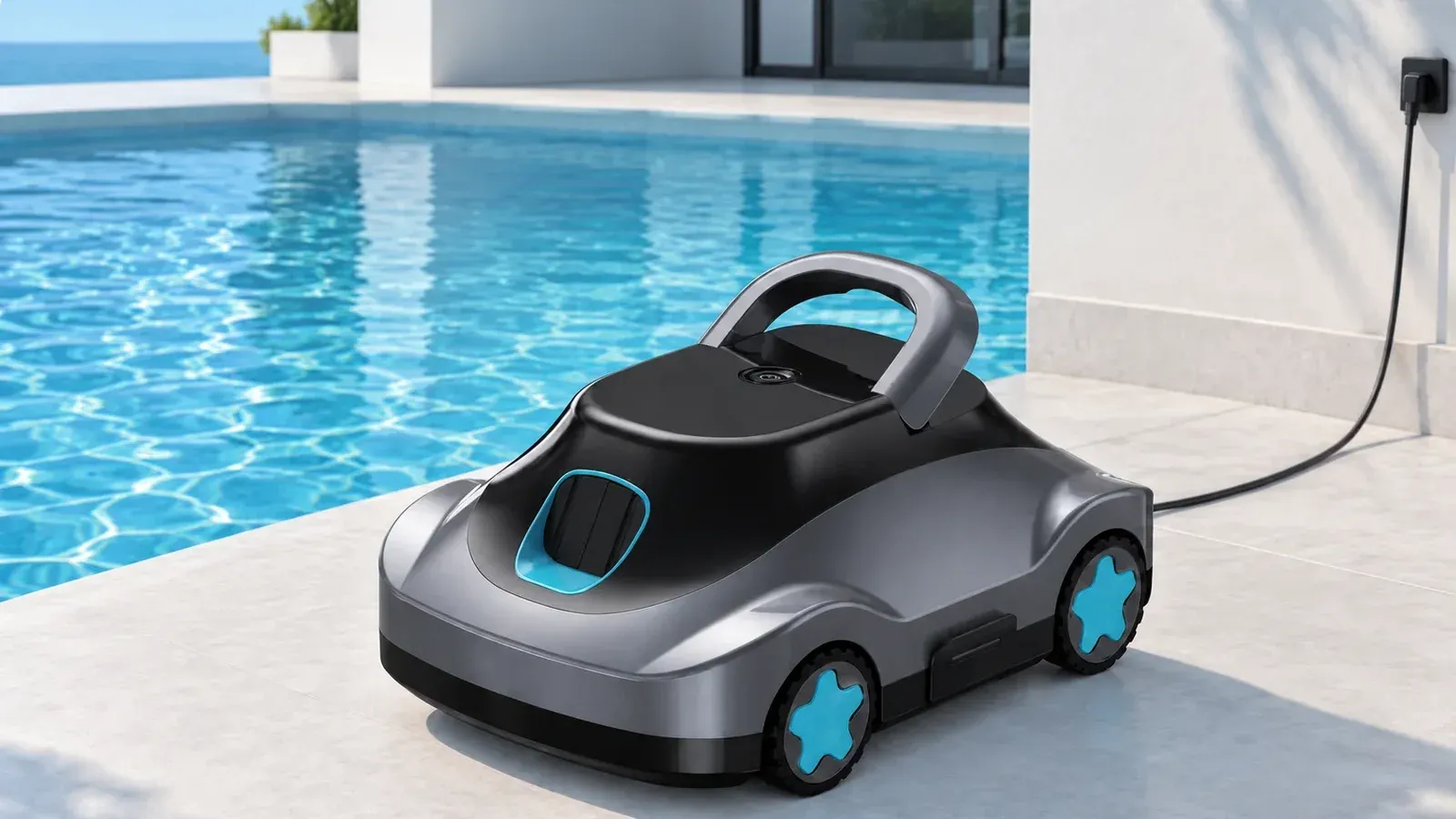 C5 robotic pool cleaner connected to its charger by the pool