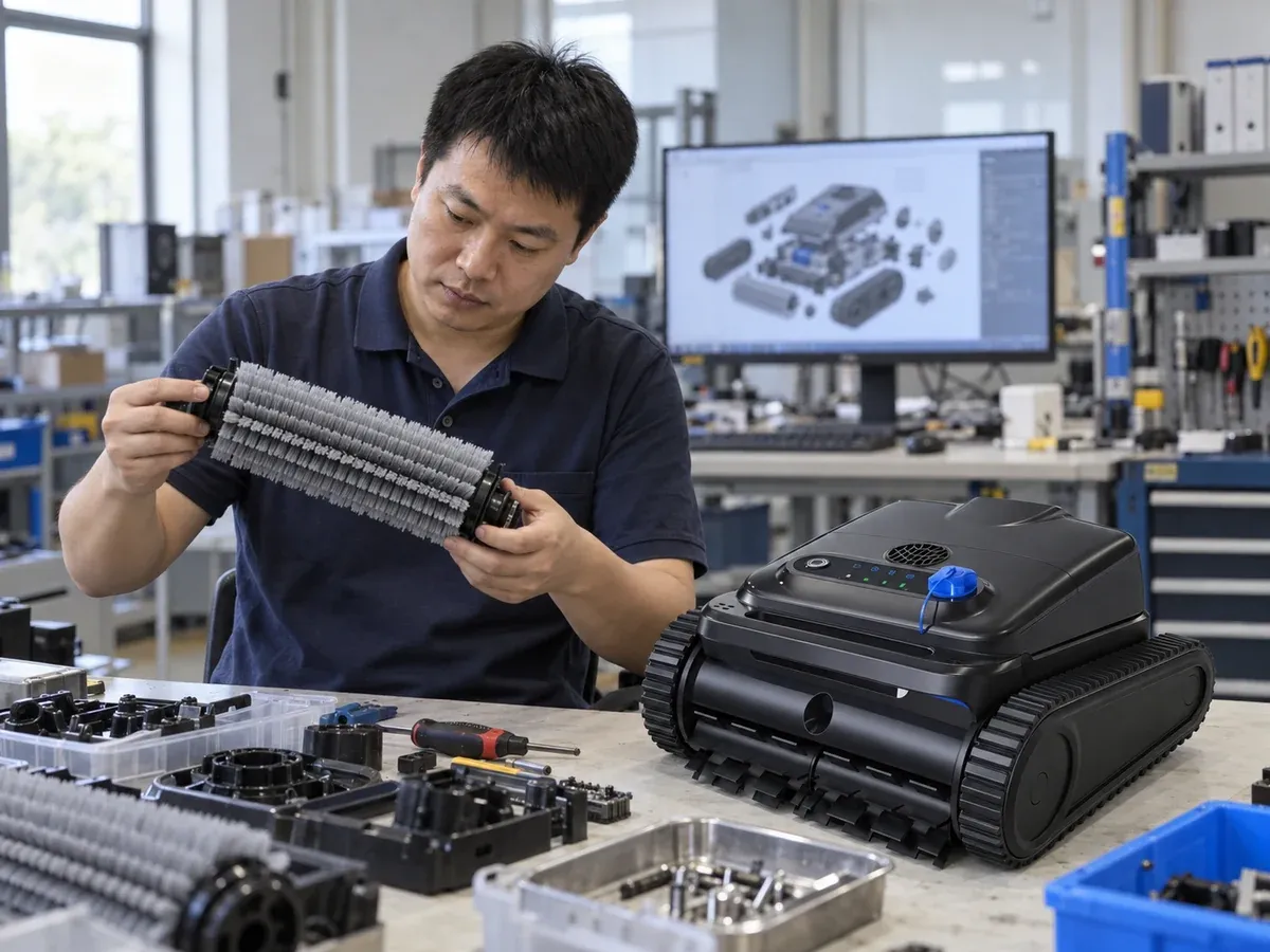 Engineer inspecting a pool robot brush roller in the R&D lab