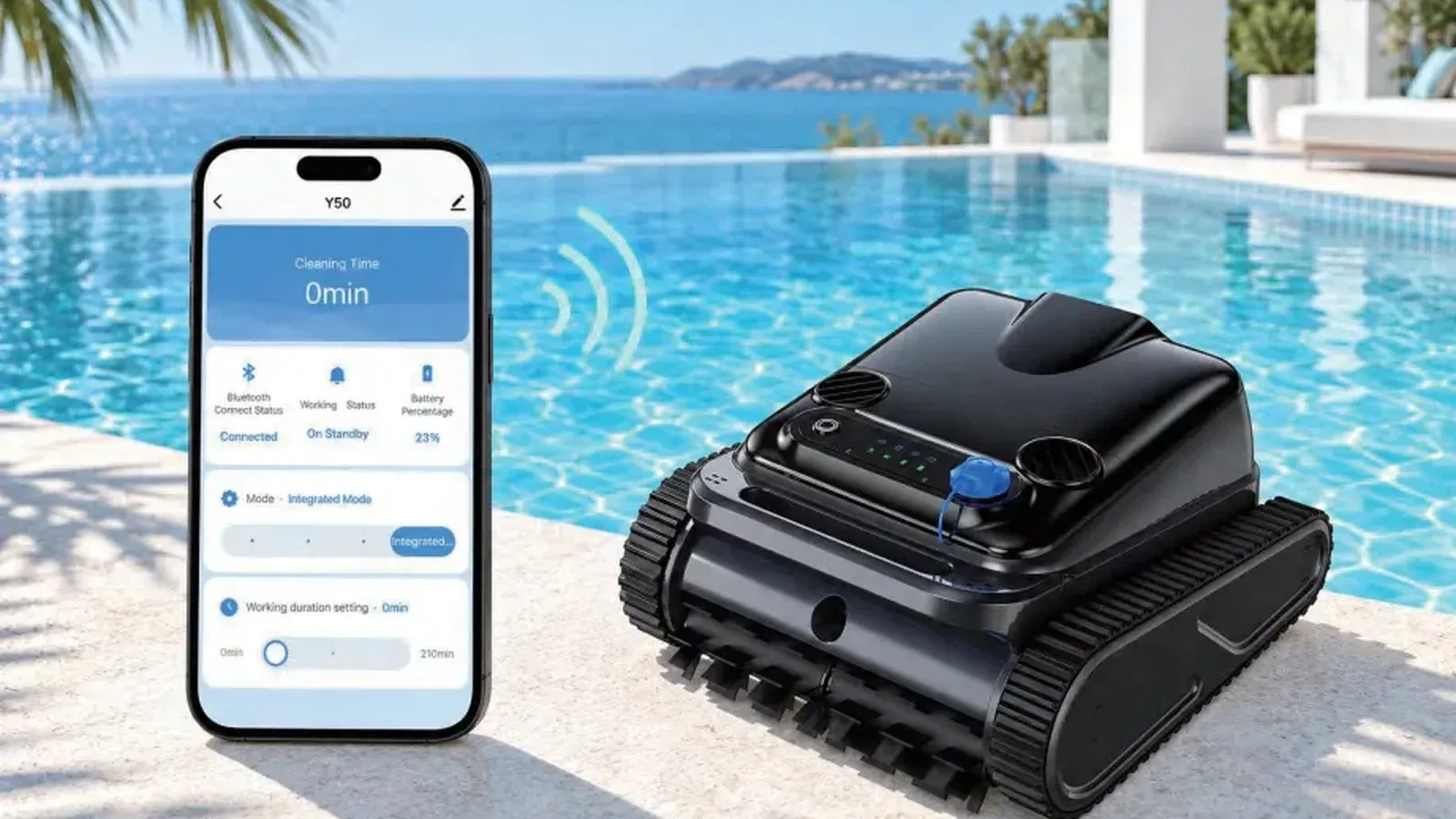 App control screen next to a Y50 robotic pool cleaner