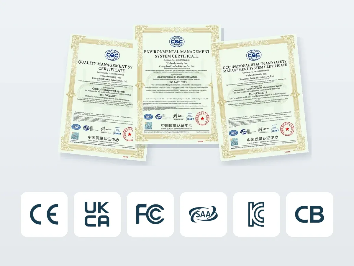 شهادات ISO 9001 وISO 14001 وISO 45001 الصادرة عن CQC، مع علامات CE وUKCA وFCC وSAA وKC وCB