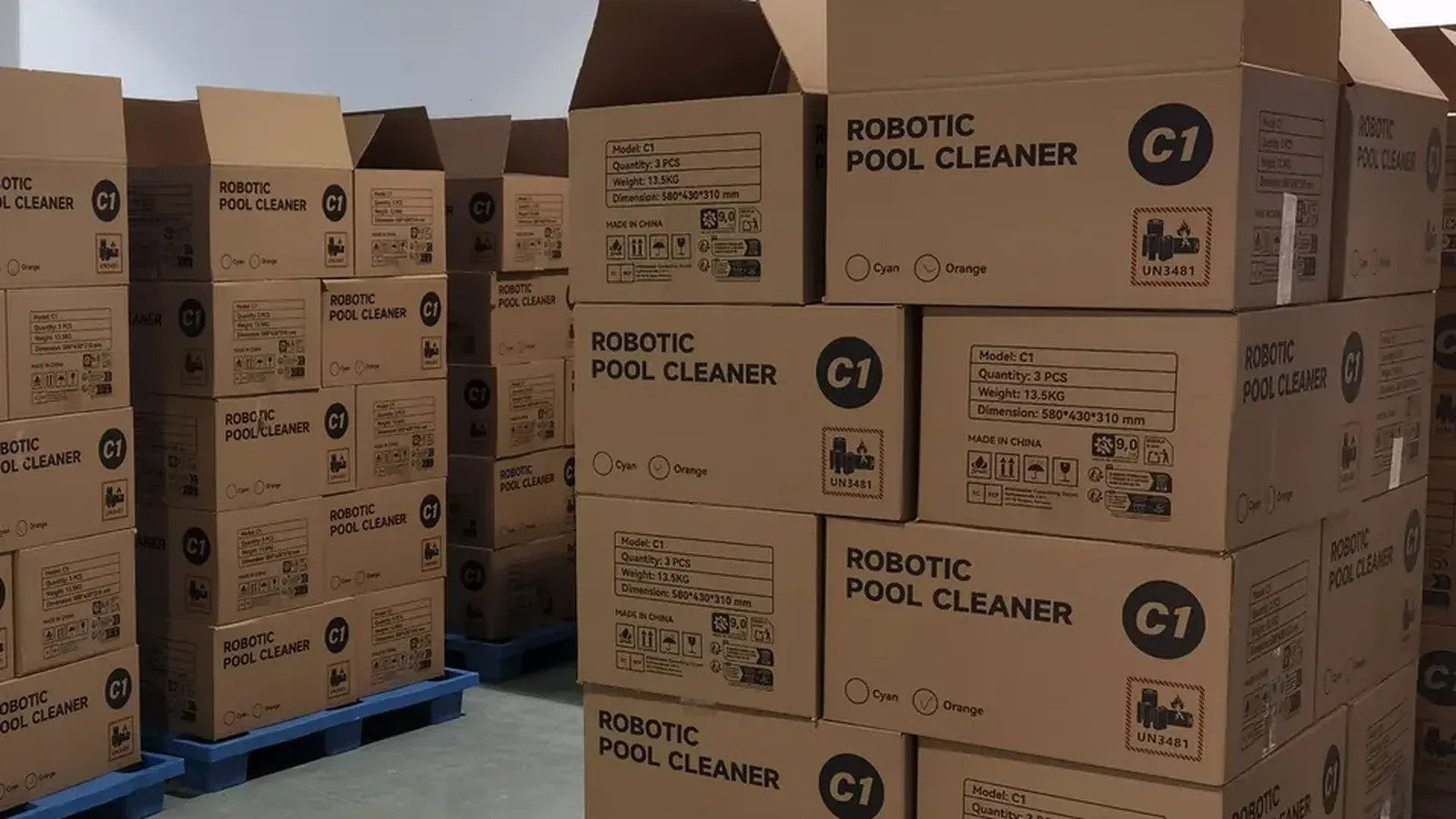 Packed pool robots in export cartons at our factory