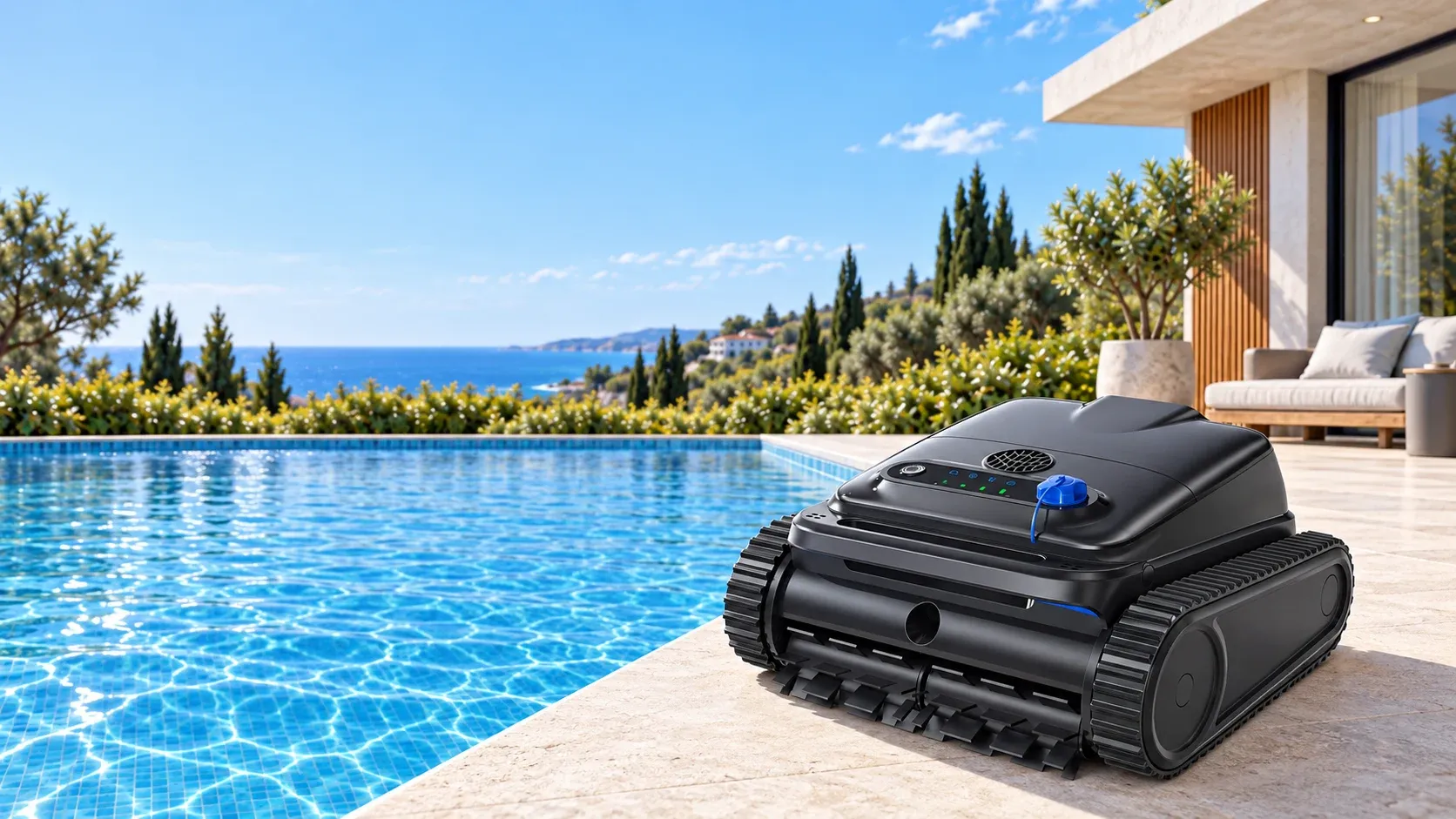 Y50S robotic pool cleaner by a seaside infinity pool
