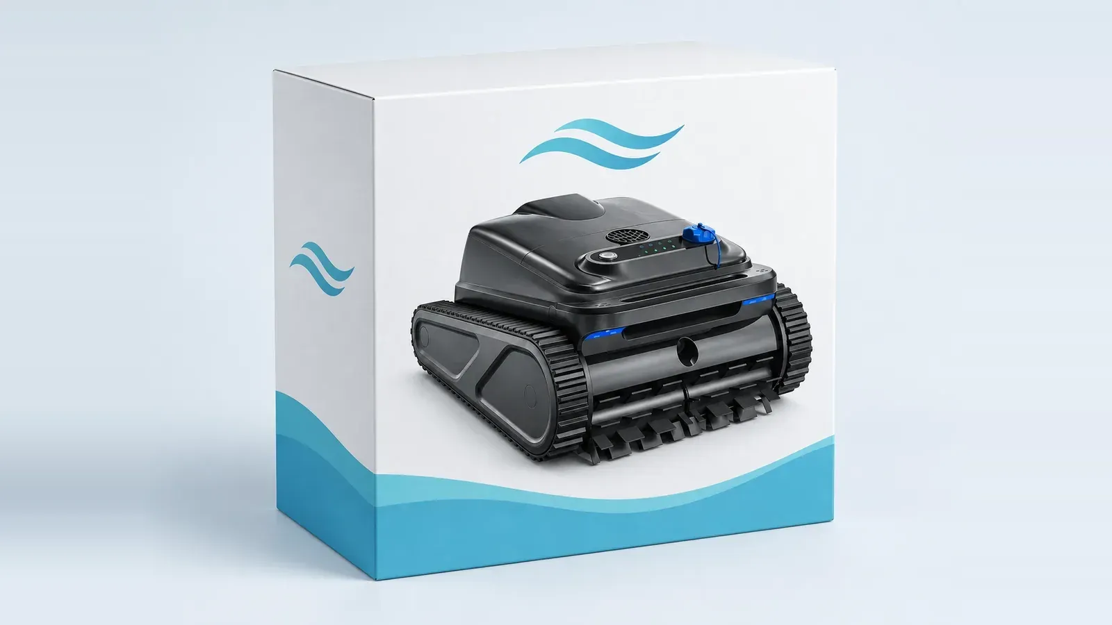 Pool robot next to a custom retail box mockup for a private-label program