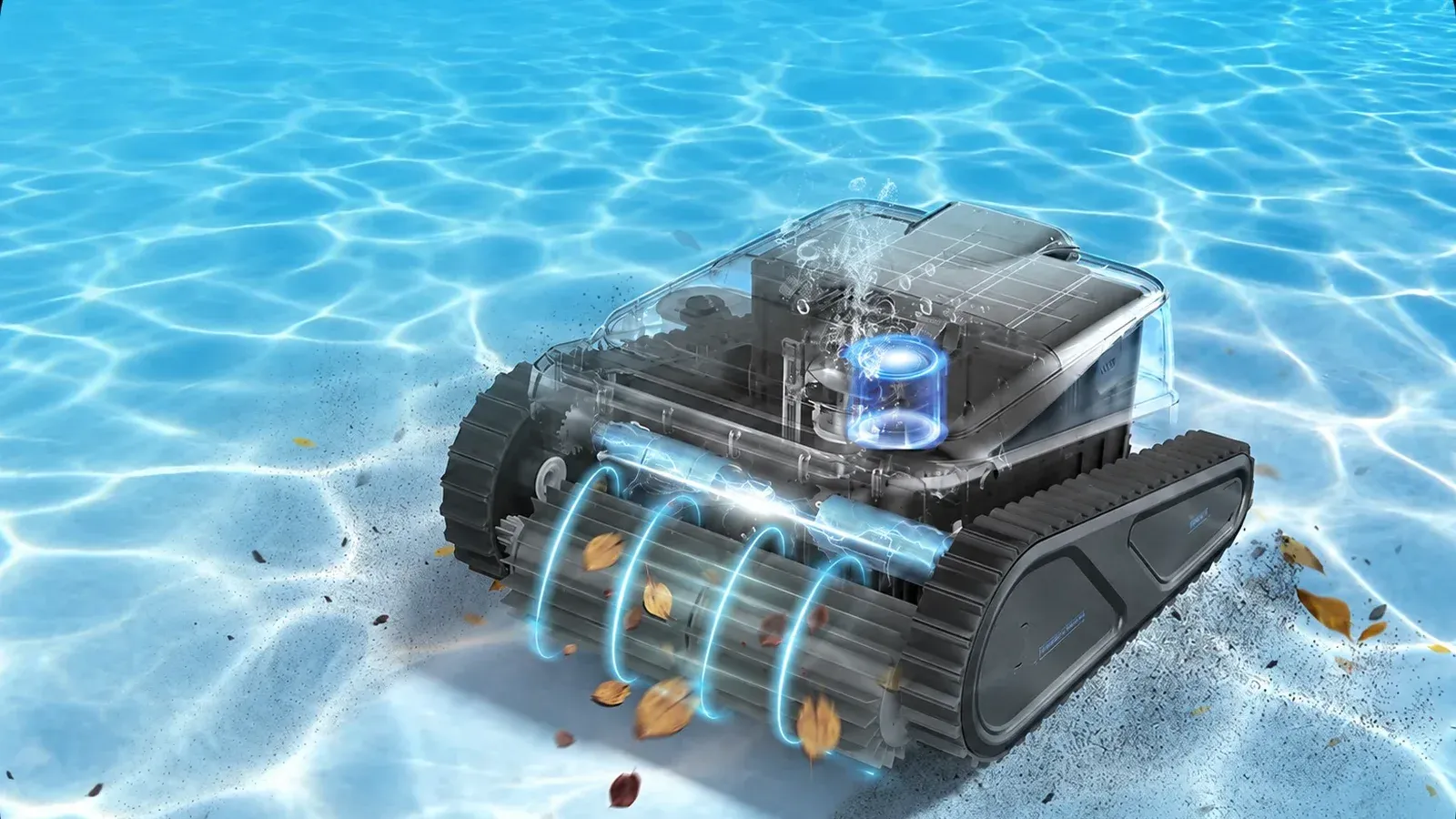 Cutaway view of a robotic pool cleaner showing motors and filter