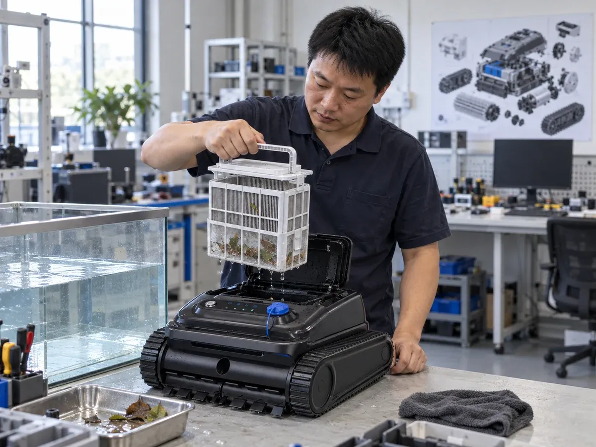 Engineer checking a pool robot filter basket for clogging