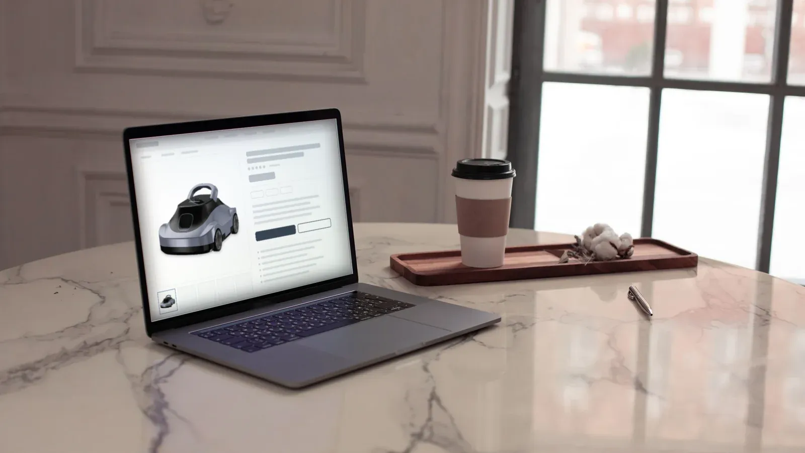 Laptop showing a draft product page with a white-background C5 pool robot as the main image