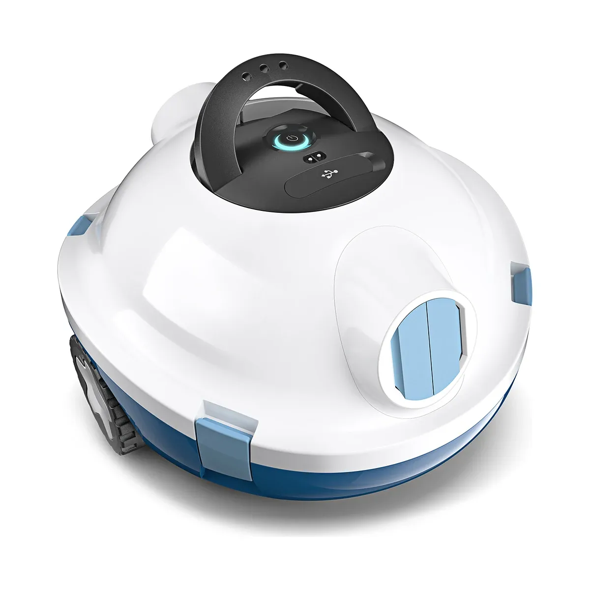 Y10 cordless robotic pool cleaner in white and blue with a top handle, on a white background