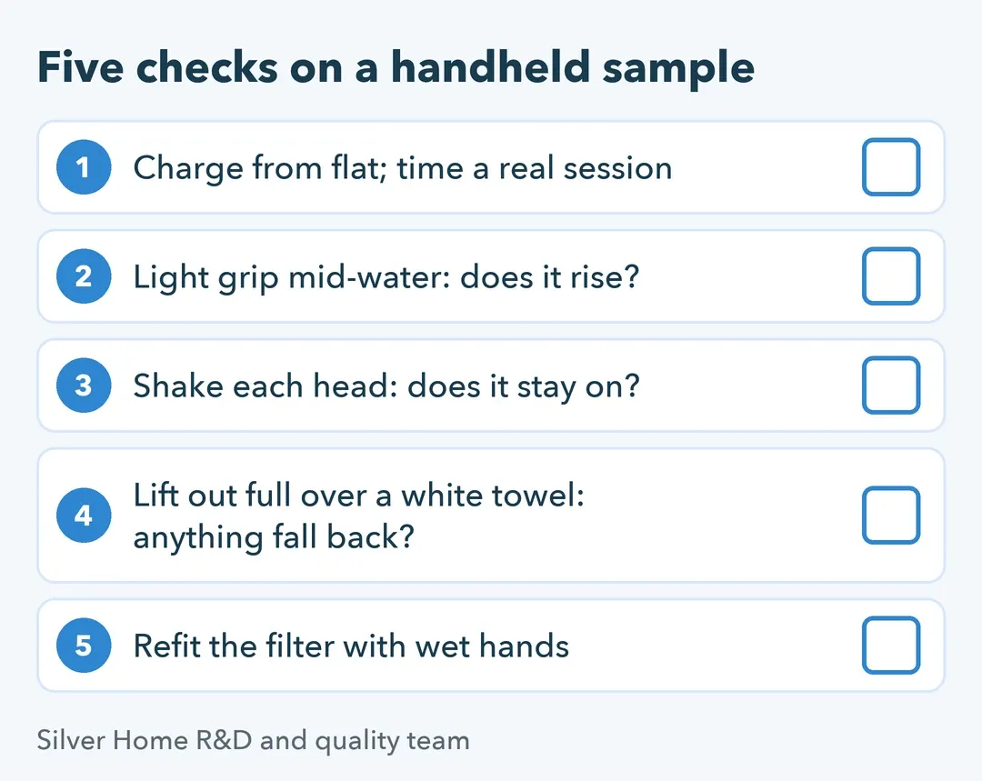 Checklist of five sample checks for a handheld pool vacuum: runtime, floating, head lock, dirt falling back, filter refit