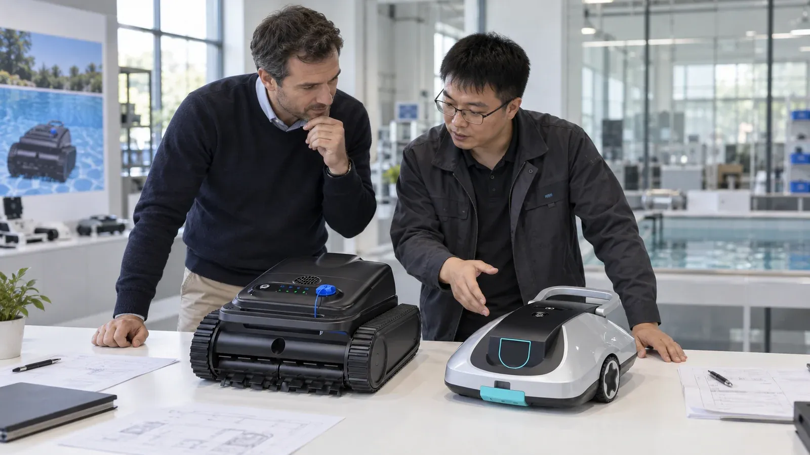 Buyer and engineer reviewing Y50S and C1 pool robots in a sample room