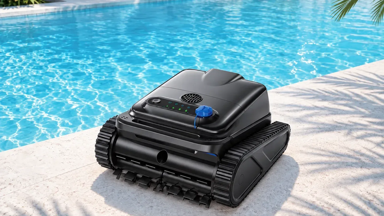 Cordless robotic pool cleaner on a pool deck