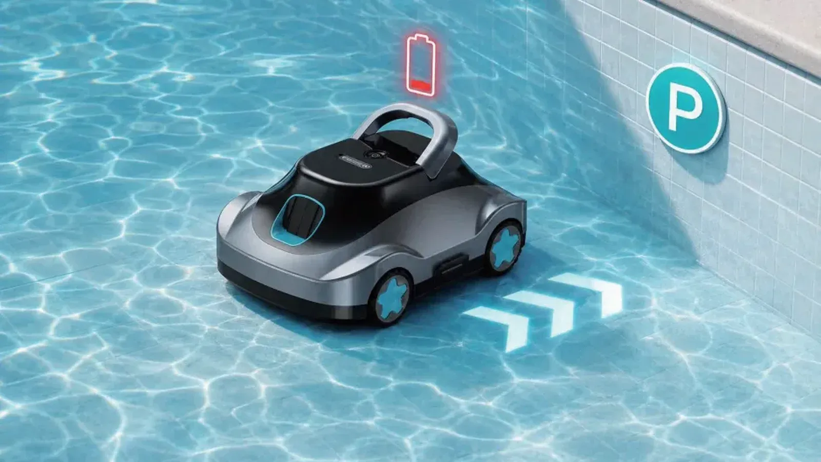 C5 robotic pool cleaner heading to the wall to park when its battery runs low