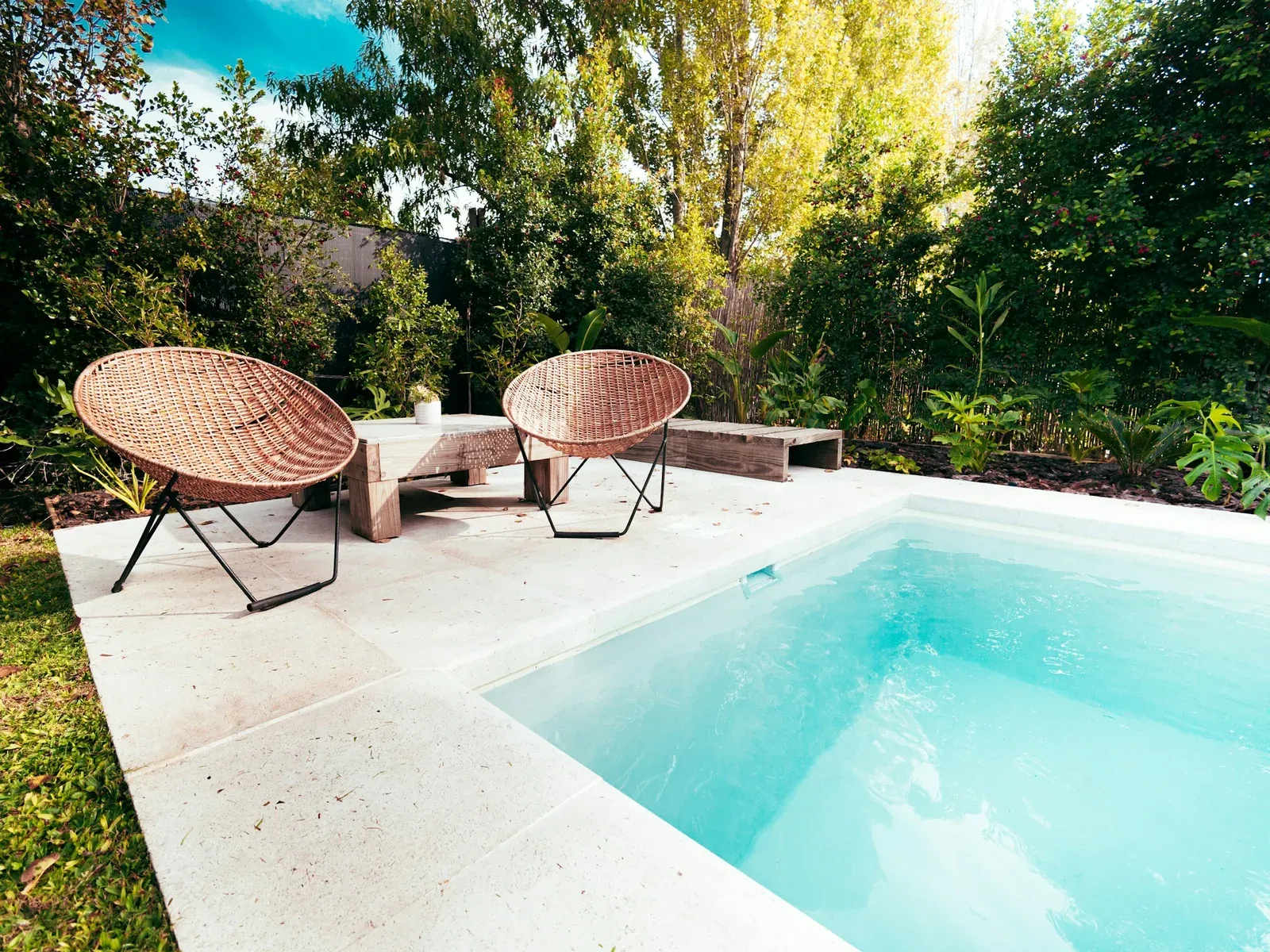 Small backyard pool with two wicker chairs, surrounded by tall trees