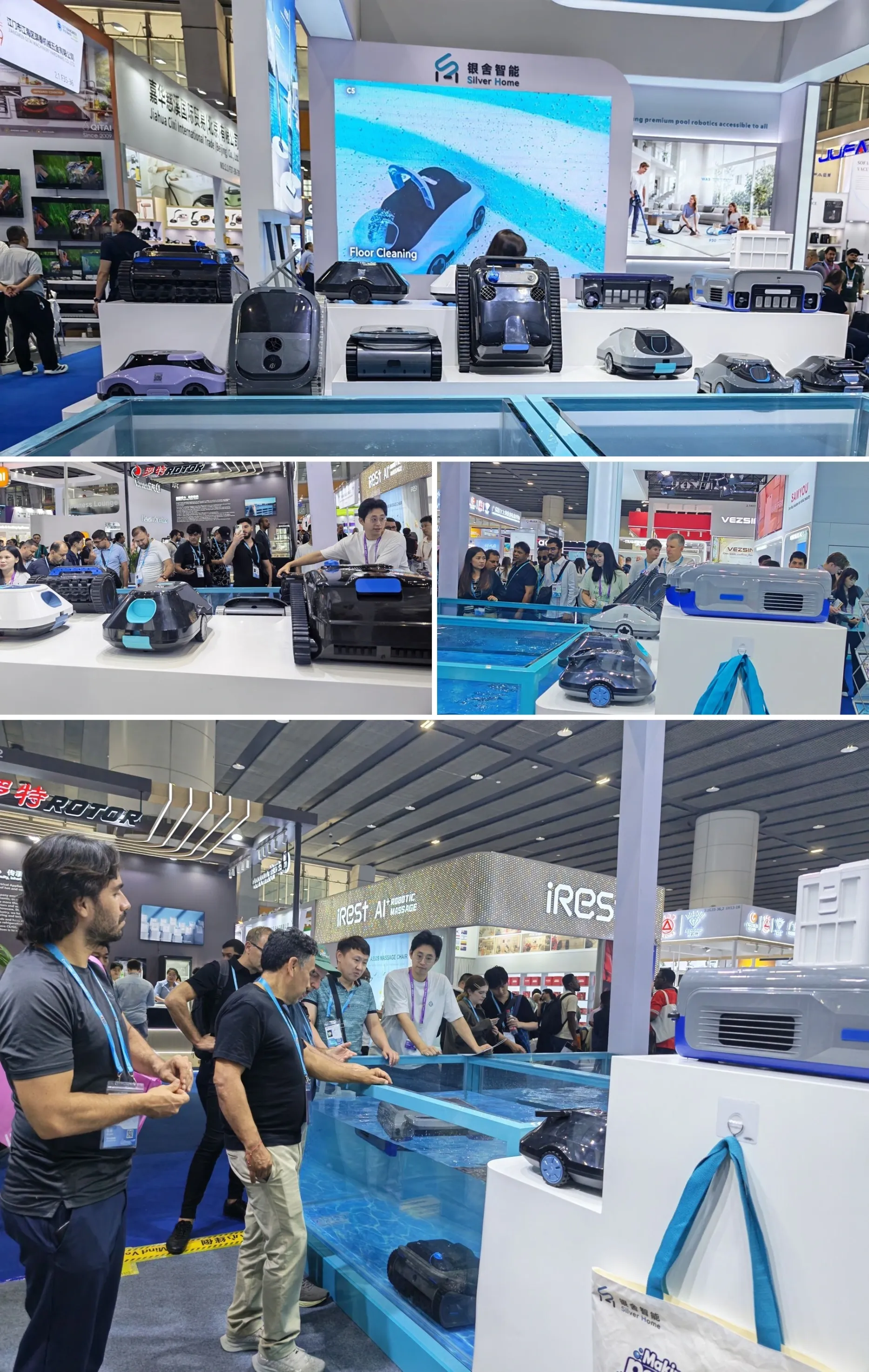 Silver Home Canton Fair photo collage: branded booth, international visitors, pool cleaner range and live demonstration