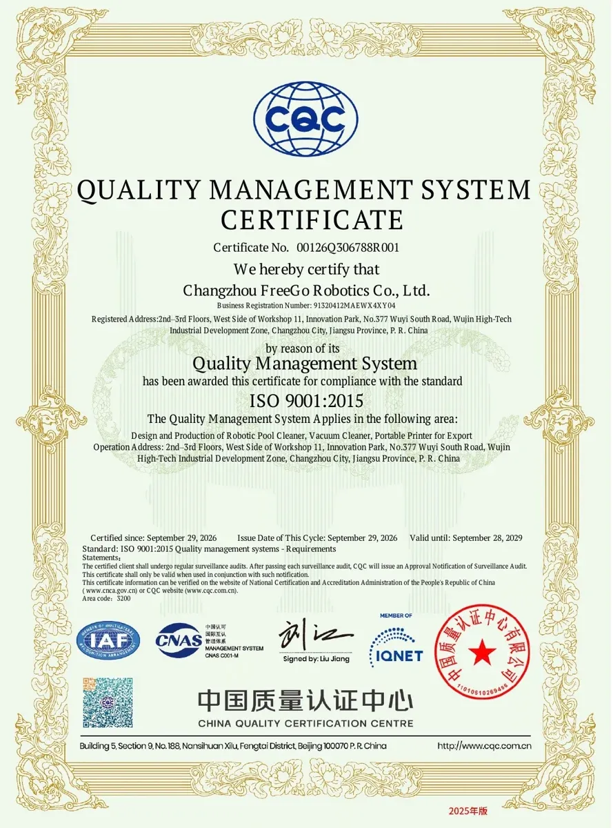 Certificado ISO 9001:2015 emitido por CQC a Changzhou FreeGo Robotics