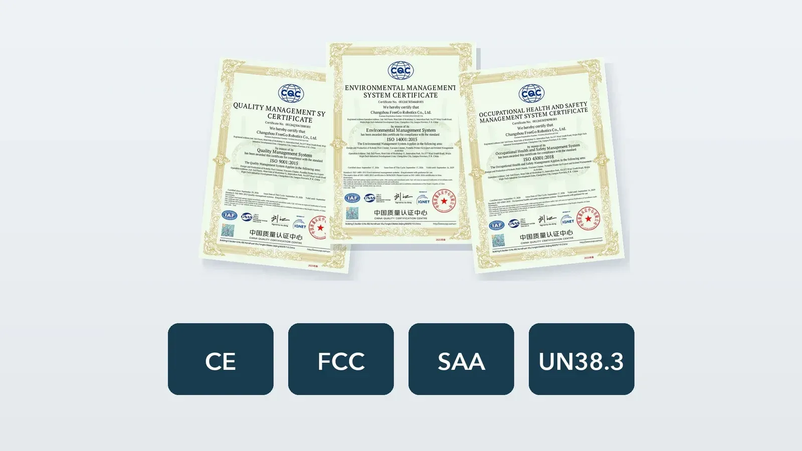 ISO 9001, ISO 14001 and ISO 45001 certificates of our Changzhou factory