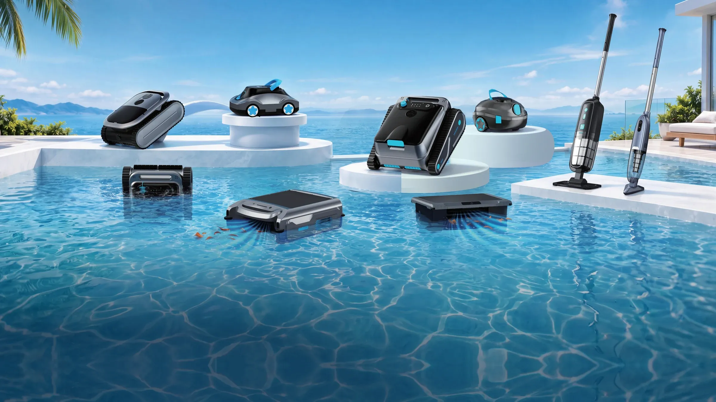 Silver Home pool cleaning range: floor-only and full-coverage robots, solar skimmers and handheld vacuums
