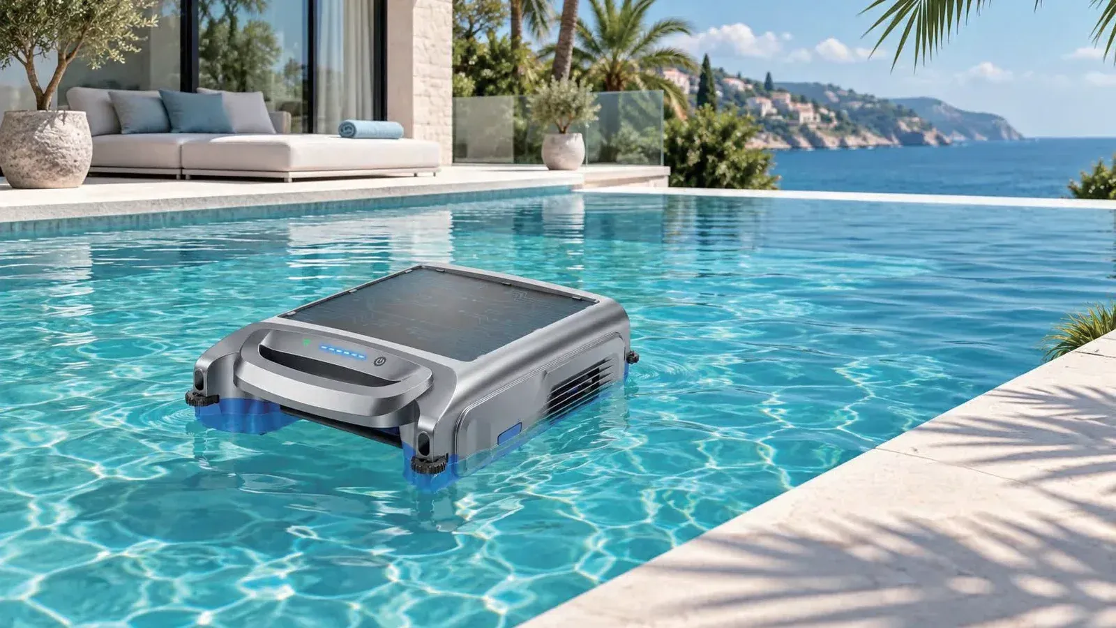S100 solar robotic pool skimmer floating on a pool surface
