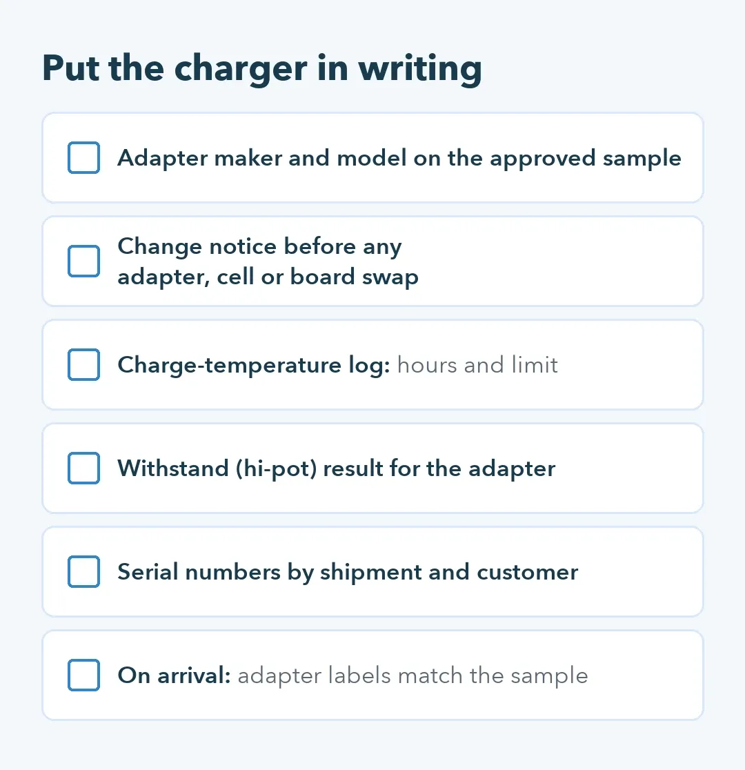 Checklist for approving a pool robot charger: adapter model, change notice, heat log, withstand result, serial records