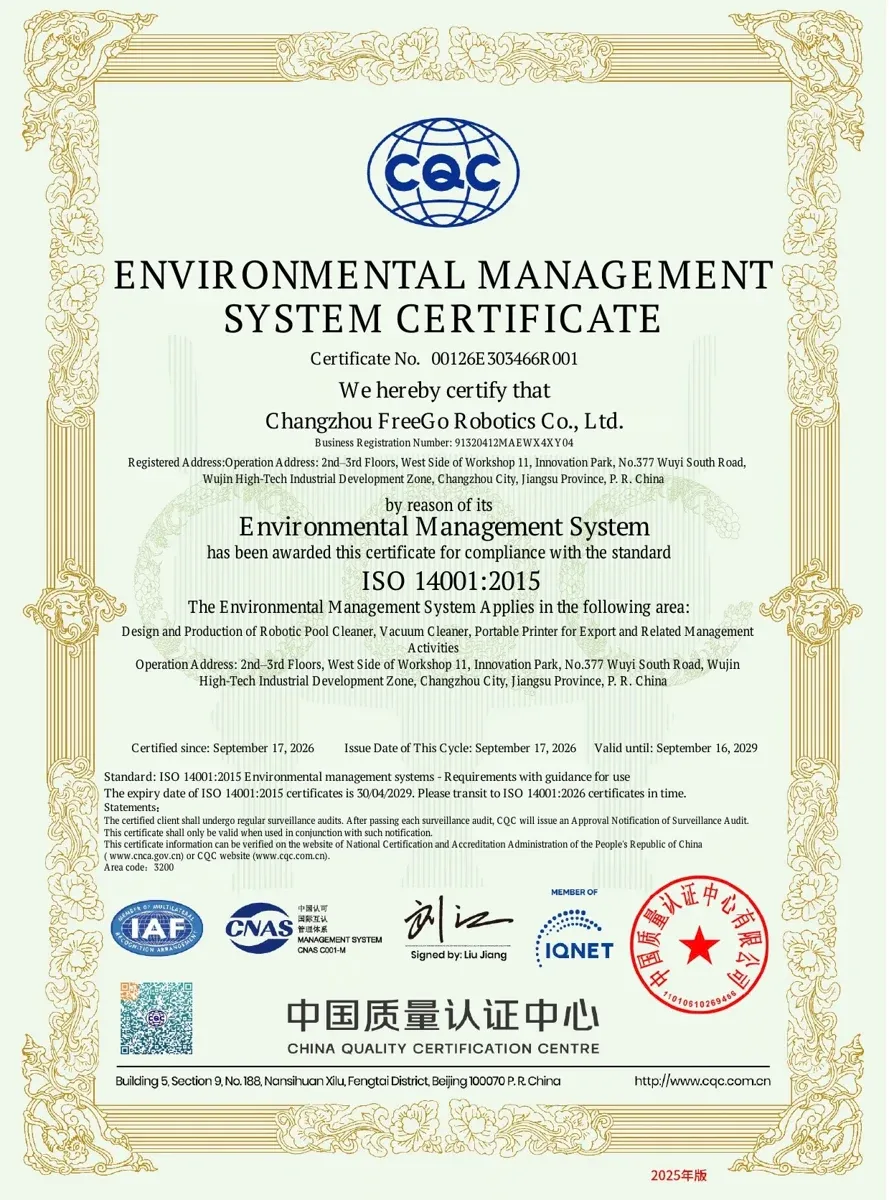 Certificado ISO 14001:2015 emitido por CQC a Changzhou FreeGo Robotics