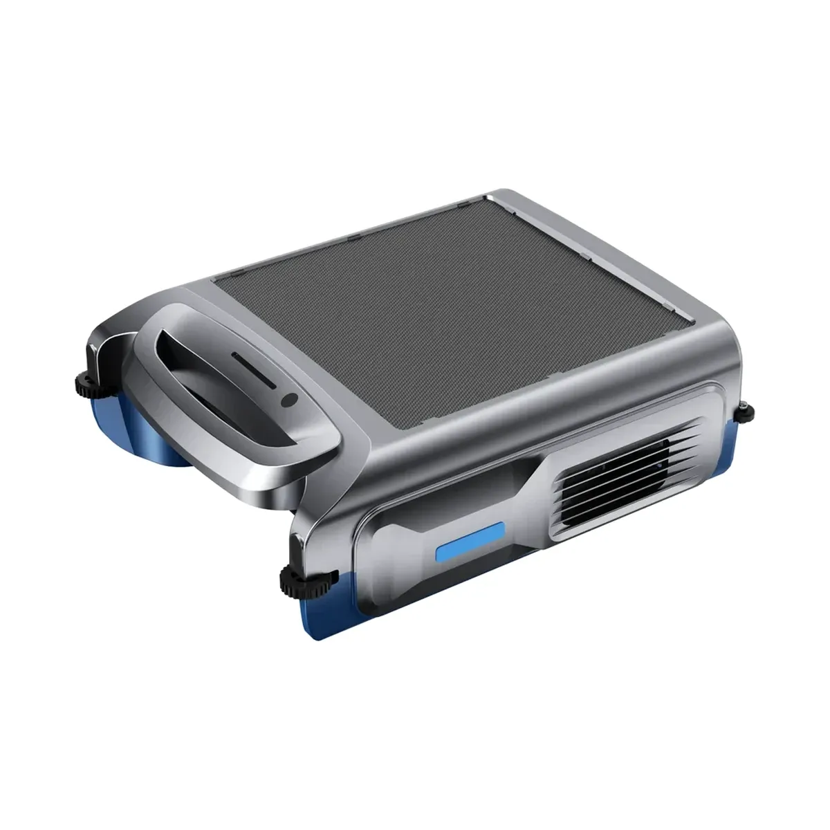 S100 solar pool skimmer robot with a solar panel top and a front carry handle, on a white background