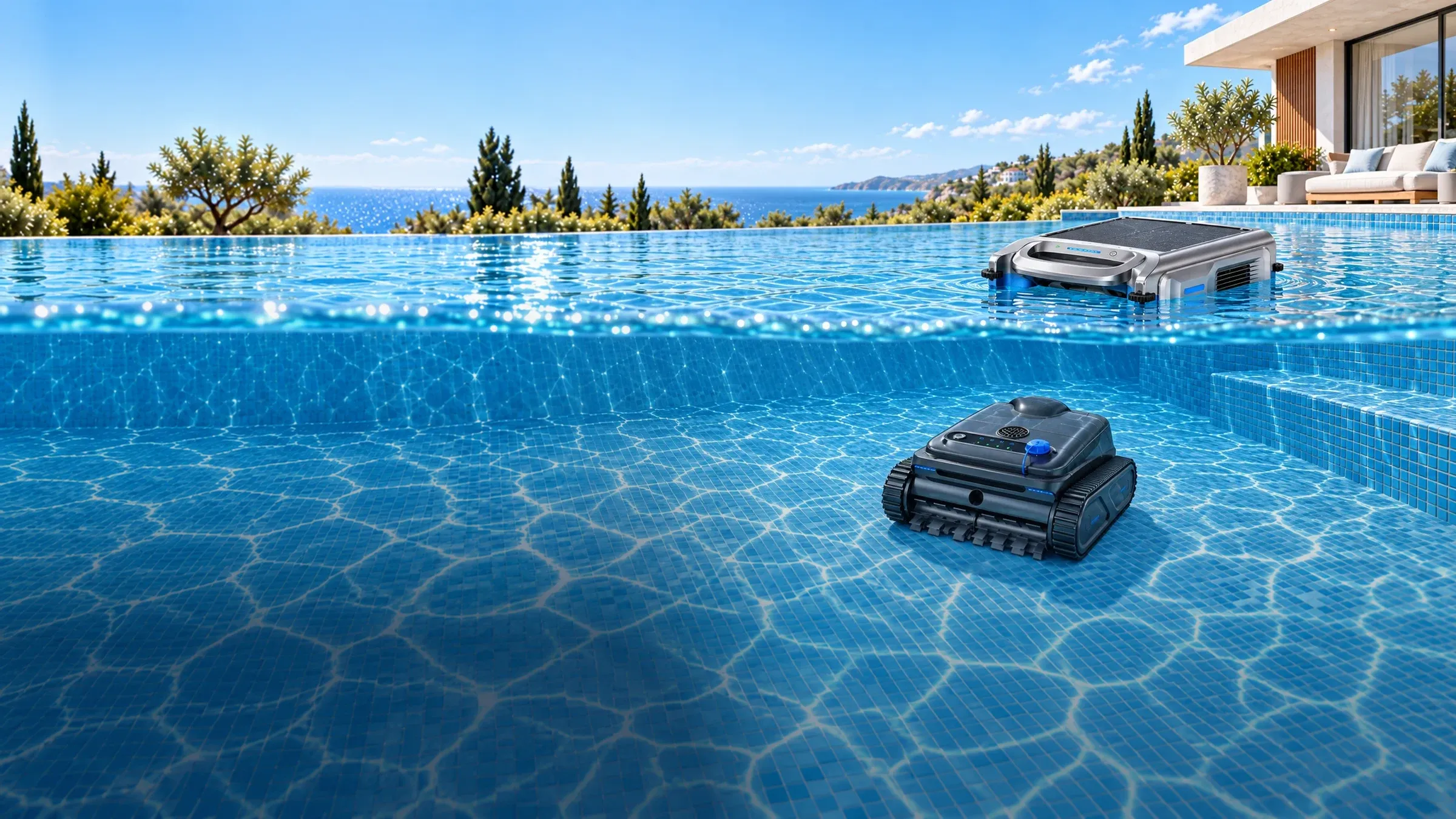 S100 skimmer on the water surface above the Y50S robot cleaning the pool floor