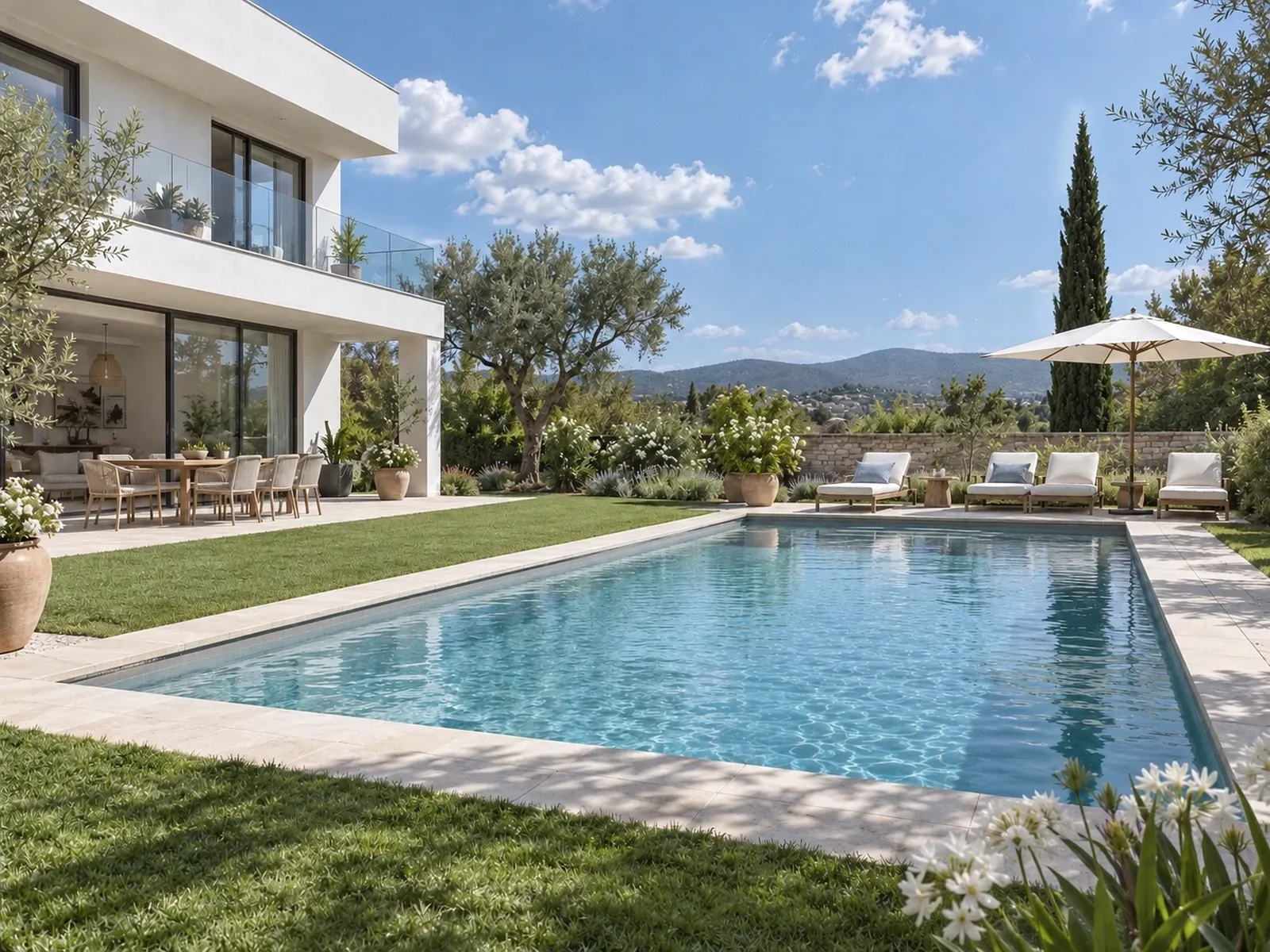 Pool im Garten eines modernen Familienhauses