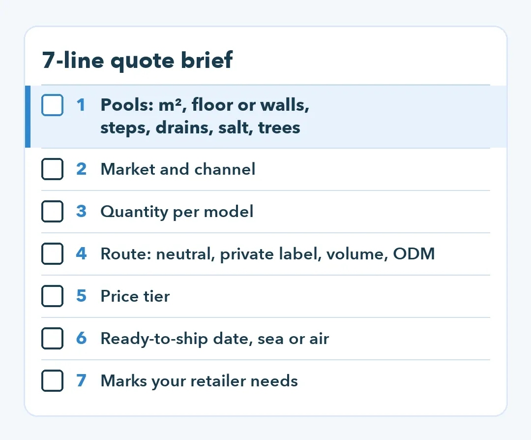 Checklist of seven lines for a pool robot quote request, starting with the size and features of your customers' pools