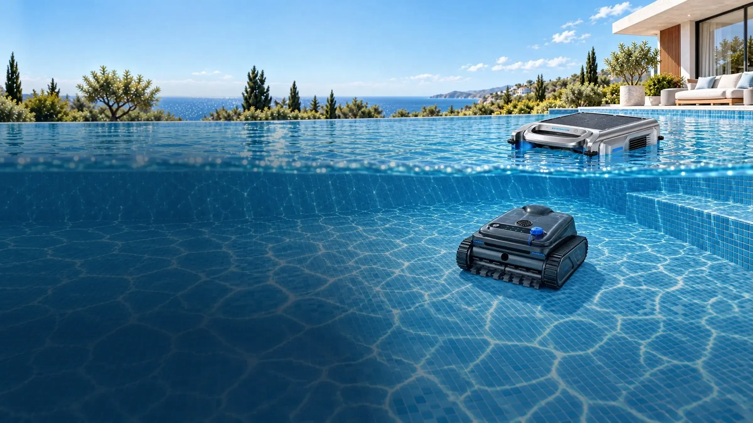S100 skimmer on the water surface above the Y50S robot cleaning the pool floor