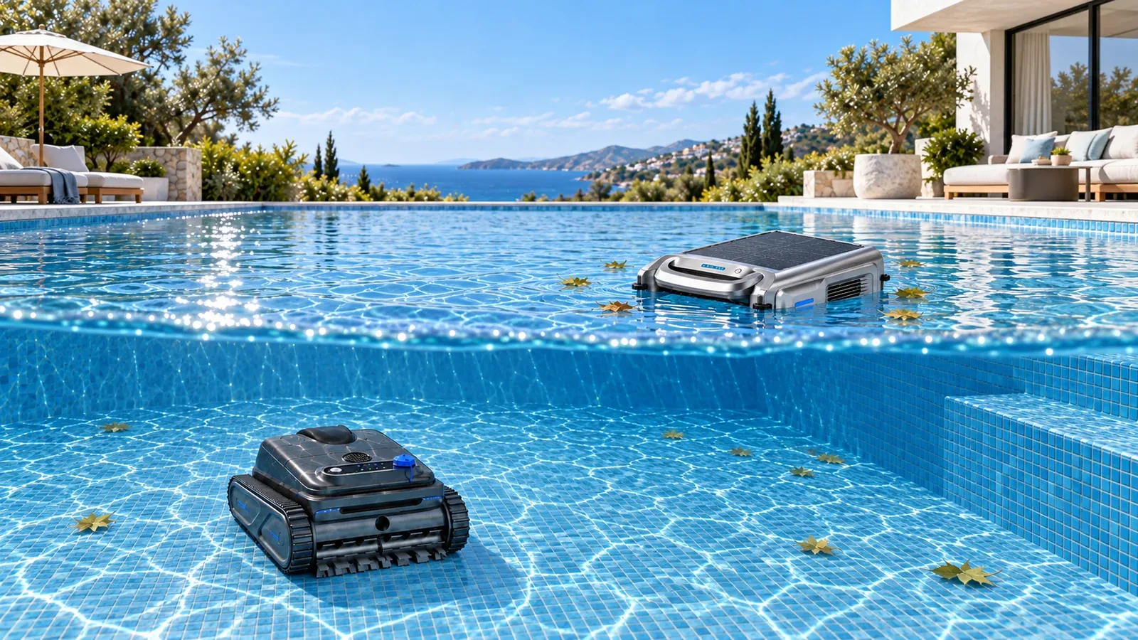 S100 solar skimmer collecting leaves on the water surface while a Y50S robot cleans the pool floor