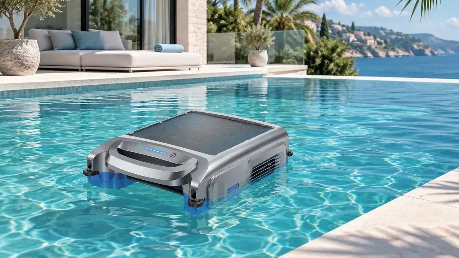 Solar robotic pool skimmer on the water surface