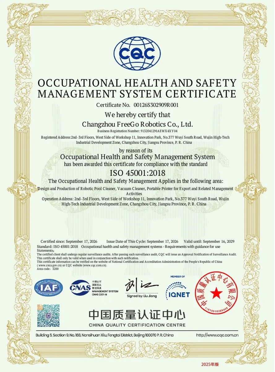 Certificado ISO 45001:2018 emitido por CQC a Changzhou FreeGo Robotics