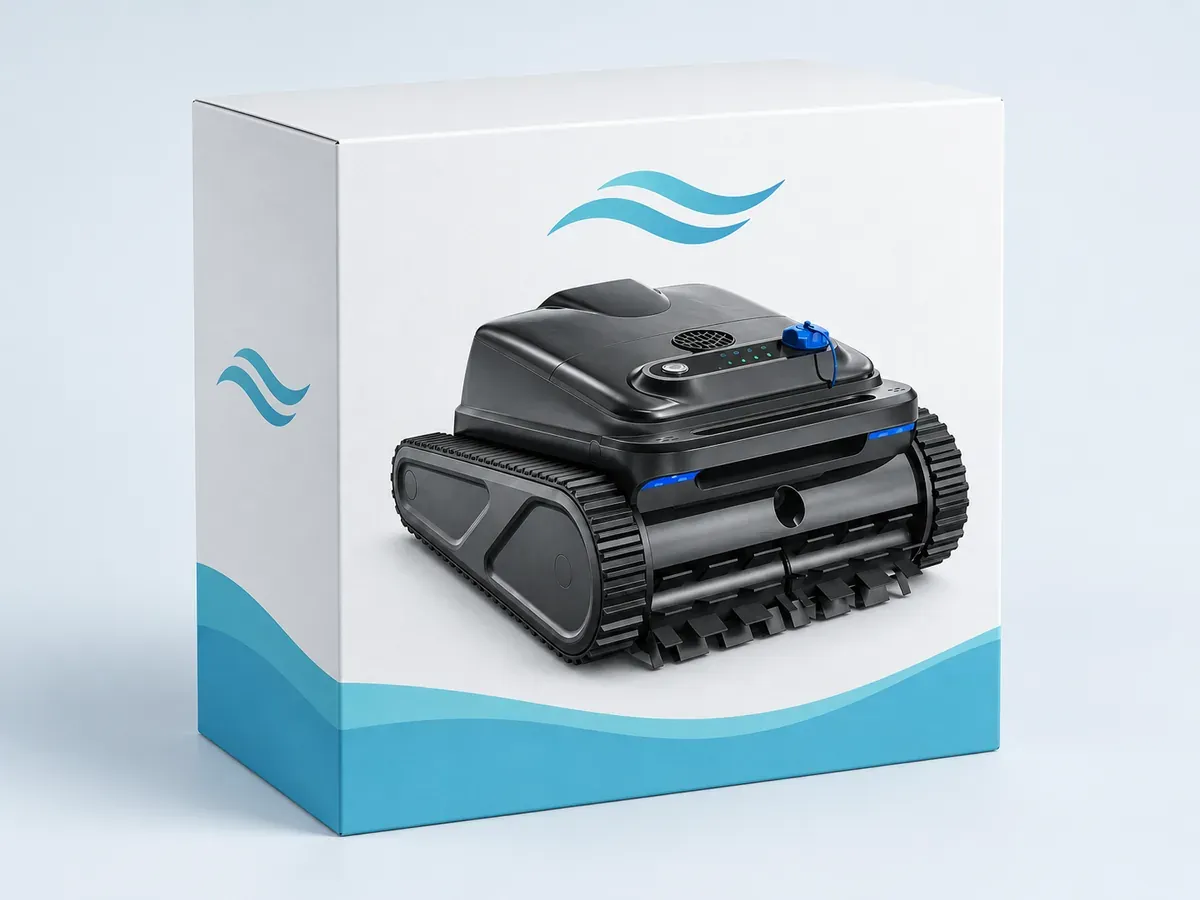 Logo Retail box mockup for a robotic pool cleaner with an abstract wave
