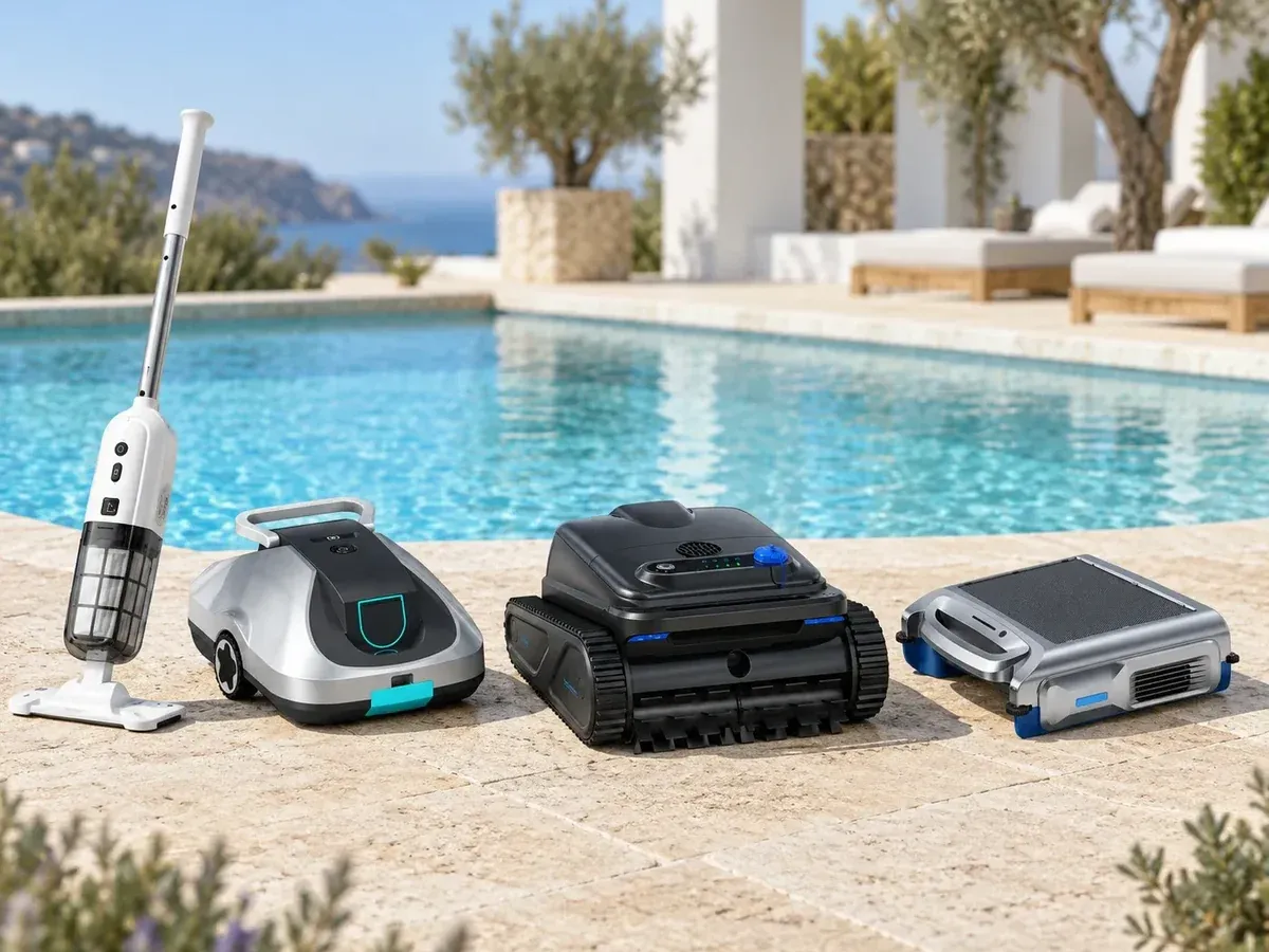 Silver Home handheld, floor-only, full-coverage and skimmer models by a pool