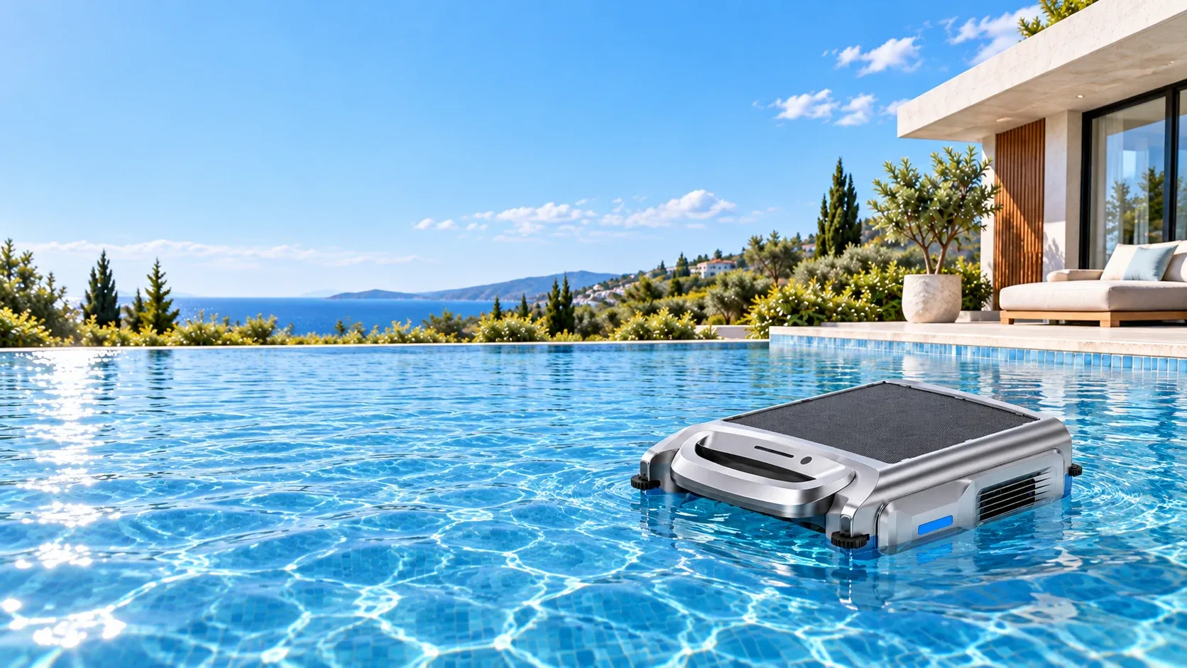 S100 solar pool skimmer floating in a seaside infinity pool