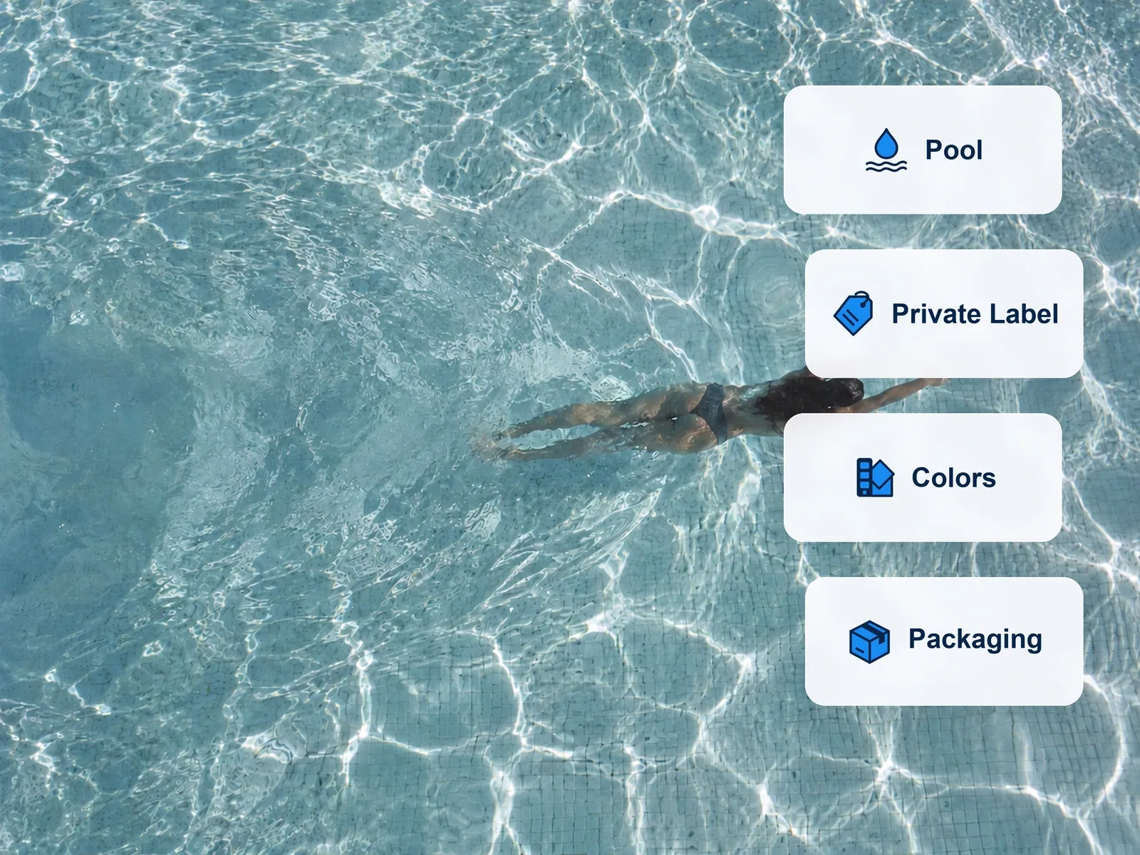 Schwimmer in einem klaren Pool mit Hinweisen zu Eigenmarke, Farben und Verpackung